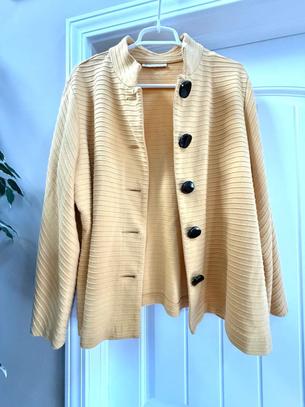 JM Collection Yellow Ribbed Knit Button Front Jacket Approx. L Stretch